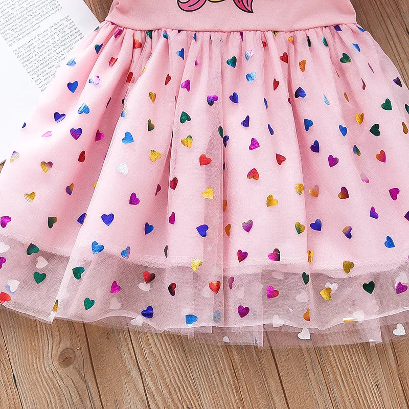 MINI LADY 2024 Summer Girls Dress Cotton Cartoon Unicorn Splicing Mesh Party Princess Dresses For 2-6 Years Girls Birthday Clothes