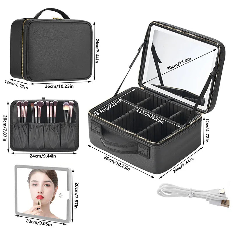 Smart LED Cosmetic Case With Mirror Travel Makeup Bag Large Capacity Female Beautician Skincare Product Makeup Case For Women