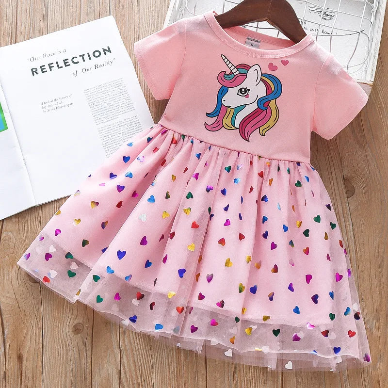 MINI LADY 2024 Summer Girls Dress Cotton Cartoon Unicorn Splicing Mesh Party Princess Dresses For 2-6 Years Girls Birthday Clothes