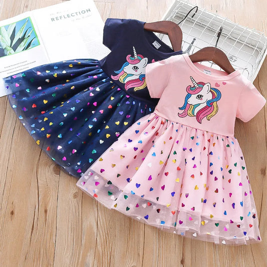 MINI LADY 2024 Summer Girls Dress Cotton Cartoon Unicorn Splicing Mesh Party Princess Dresses For 2-6 Years Girls Birthday Clothes